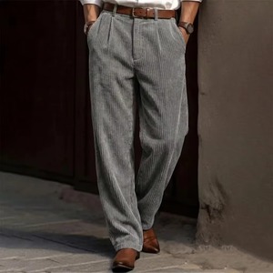 Men's Corduroy Trousers vintage High <b>elastic</b> Waist Pleated straight leg Loose Casual Fashion Breathable Straight Leg Gray Brown - Product Image 1