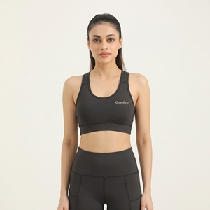 Ensemble de yoga pour femmes KhumBro, haut court dos nageur noir et leggings taille haute, 2 pièces, sans couture, longueur intégrale, noir, respirant - Product Image 2