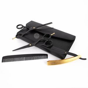 Ensemble de ciseaux et rasoirs japonais en acier de 6 pouces, noir mat et or 24 carats - Product Image 1