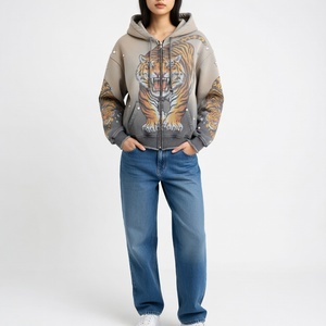 Conjunto de Sudadera con Capucha Corta y Pantalones de Chándal para Hombre, Estilo Streetwear, Personalizado, de Gramaje Pesado, con Lavado Ácido y Pedrería, con Doble Cremallera - Product Image 6