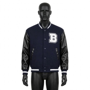 Blouson universitaire pour hommes en gros, corps en laine, manches en cuir, boutons-pression, style baseball, avec lettre B, vêtement d'extérieur - Product Image 1