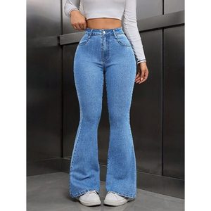 Jean en denim taille haute coupe bootcut pour femme, délavage clair vintage, coton écologique, longueur intégrale, mignon, décontracté, été automne, respirant - Product Image 6