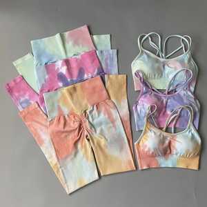 <b>Tie</b> <b>Dye</b> Yoga <b>Set</b> Crop Top High Waist Leggings 2 Piece Seamless Breathable Women Workout Wear Full Length Gradient Color - Product Image 2