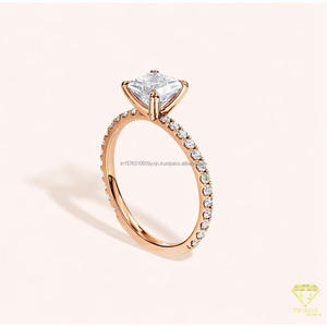 Anillo de compromiso de moissanita con corte princesa, banda pavé, solitario, oro rosa, anillo de promesa nupcial para mujer - Product Image 3