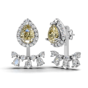Boucles d'oreilles pendantes de luxe en or 18 carats avec diamant jaune taille poire et halo floral, certifiées IGI, cadeau de mariage pour mariée - Product Image 1