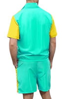 Ensemble de survêtement pour homme à blocs de couleur, manches courtes, fermeture éclair sur le devant, sportif, léger, été, polyester, avec poches latérales