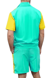 Men's Color Blocking Tracksuit Short Sleeve Zipper Front Sporty Summer Lightweight Polyester Shorts Set with Side <b>Pockets</b> - Product Image 5