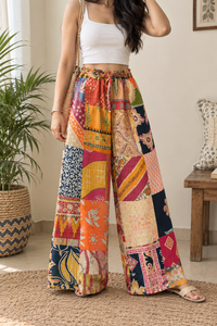 Colorful Vintage Kantha <b>Trousers</b>, Wide Leg Cotton Pants with Elastic Waist, <b>Indian</b> Hippie Patchwork Boho Clothing - Product Image 3
