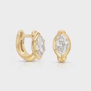 14K <b>Gold</b> Marquise Cut Lab Grown Diamond Minimalist <b>Huggie</b> Earrings Collet Prong Set Vintage Solitaire Hoop Bands Wedding IGI - Product Image 4