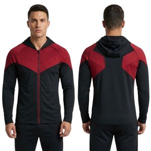 Black <b>Red</b> Chevron <b>Mens</b> Gym <b>Hoodie</b> Poly Spandex High Quality Stretch Full Zip Hooded Neck Long Sleeve Gym Jackets - Product Image 1