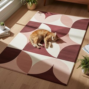 Tapis géométrique moderne du milieu du siècle, bordeaux, rose pâle et crème |   Tapis contemporain pour salon, chambre et salle à manger - Product Image 1