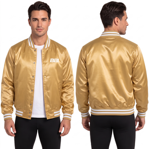 Chaqueta clásica gris satinada con botones a presión, brillo elegante y brillante, cuello y puños de punto con rayas blancas, y servicio de exportación OEM de ropa a granel. - Product Image 5