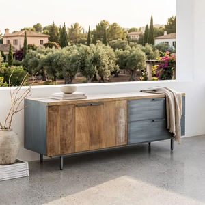 Mueble para TV Dexter de Madera Maciza de Teca, 2 Cajones, Estilo Minimalista, Acabado Natural, Moderno, para Dormitorio o Sala de Estar - Product Image 1