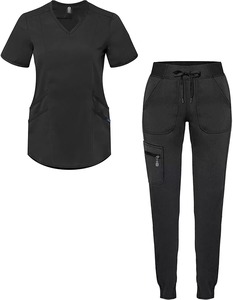 <b>Women</b> <b>Black</b> Scrub Set Short Sleeve V Neck Top With Pockets And Drawstring <b>Pants</b> Hospital Uniforms - Product Image 6