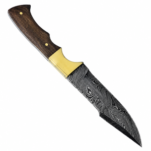Cuchillo de Caza Premium con Patrón Damasco, Mango de Madera Marrón Oscuro, Bolster Dorado y Hoja Negra Plateada para Uso en Exteriores - Product Image 5