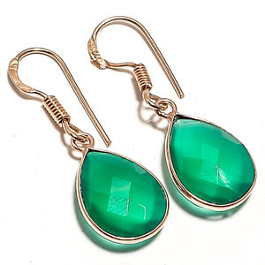 Boucles d'oreilles pendantes longues et fines en argent sterling 925 plaqué or rose, serties d'une pierre précieuse en onyx vert en forme de goutte, faites à la main, pour femmes - Product Image 4