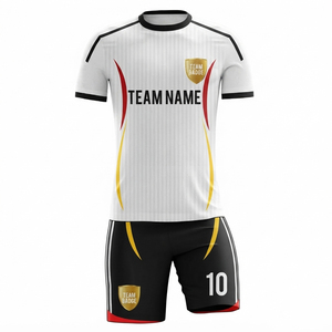 ชุดเสื้อฟุตบอลและกางเกงขาสั้นแบบซับลิเมชั่นสีขาว ดำ แดง เหลือง พร้อมลายกราฟิก ชุดทีมฟุตบอล ชุดกีฬา ชุดฝึกซ้อม - Product Image 1