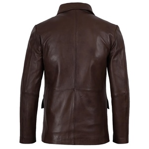 Blazer d'hiver pour homme en cuir véritable marron, coupe ajustée, col rabattu, doublure Sherpa coupe-vent, logo frontal, 300g - Product Image 3