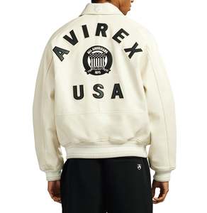 Avirex Fashion Custom <b>Men's</b> Cream Bomber <b>Jacket</b> Style With Embroidered Patch Front Zipper Casual Style Autumn Wear - Product Image 5
