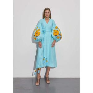 Vestido Midi de Algodón Azul Claro para Mujer, Bordado Floral Amarillo, Manga Abullonada, Cuello en V, Cintura con Lazo, Borlas, Estilo Boho - Product Image 1