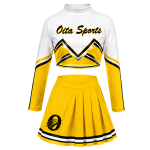 Yellow White Sublimated Cheer <b>Long</b> Sleeve Uniform Set <b>Pleated</b> <b>Skirt</b> Team Athletic Sportswear Training Practice Performance - Product Image 2