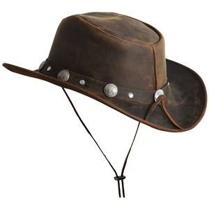 Dark Brown Leather Cowboy <b>Hat</b> Men Western Outback <b>Hats</b> Coin Concho <b>Band</b> Wide Brim Sombrero Casual Outdoor Travel Chin Cord Caps - Product Image 3
