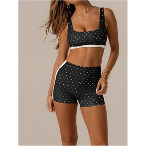Custom Women's Polka Dot Crop <b>Top</b> and High Waisted Biker Shorts Workout Set Fitted Sleeveless Yoga Wear Polyester - Product Image 4