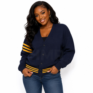 HMR Women Acrylic Women's <b>Navy</b> Blue V Neck Knitted <b>Cardigan</b> Long Sleeve Casual Solid Color Contrast Stripe Design Full Sleeve - Product Image 1