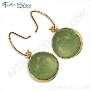Boucles d'oreilles clous en argent 925 plaqué or avec pierre ronde en prénite verte naturelle sertie clos, bijoux tendance pour femme, cadeau - Product Image 2