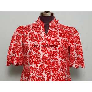 Robe midi pour femme en coton 100% tricoté, col en V, manches courtes, imprimé floral bohème, coupe trapèze, pour le bureau ou les occasions décontractées - Product Image 2