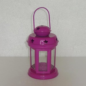 Lanterne à bougie en métal vert, dôme rond, poignée en fil métallique, découpe étoile, panneau en verre transparent, décoration de centre de table - Product Image 2