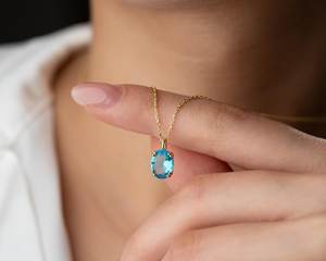 Collar con Colgante de Topacio Azul Ovalado, Plata de Ley 925, Chapado en Oro de 14K, Piedra de Nacimiento de Diciembre, Étnico para Mujer, Certificado IGI - Product Image 4