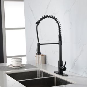 Rubinetto da cucina commerciale monocomando con doccetta estraibile, in ottone massiccio, finitura lucida, con molla, nero opaco - Product Image 1