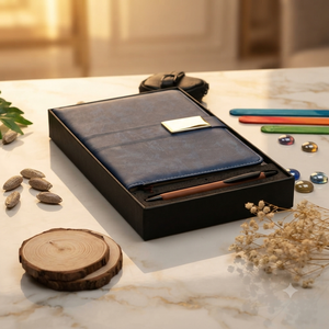 Ensemble cadeau de stylo à bille et carnet relié en velours PU bleu Aurelux Premium, 192 pages, fermeture à boucle, carnet élégant, professionnel - Product Image 4