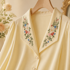 Camisa de Algodón Crema para Mujer, con Bordado de Flores Coloridas, Cuello con Botones, Blusa Casual a la Moda - Product Image 2