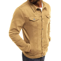Chaqueta vaquera tipo camionero para hombre, color mostaza, corte ajustado, informal, con cuello alto, color liso, ropa de abrigo de invierno, estilo urbano, logotipo frontal personalizable