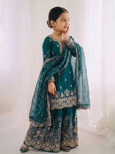 Ensemble Kurti en soie GMY pour filles, vêtements ethniques, avec broderie de sequins, palazzo et dupatta – Tenue de fête et de mariage - Product Image 2