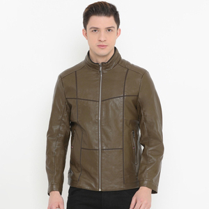Blouson moto homme en cuir PU marron, col montant, fermeture éclair, coupe ajustée, manches classiques, couleur unie, pour l'automne - Product Image 2