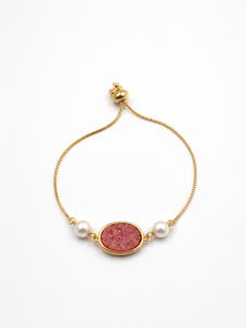 Gold Plated Chain Bracelet With Pink Stone And Imitation Pearl Women's Romantic Style Adjustable Link Jewelry - Product Image 2