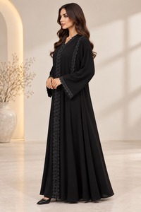 Elegant <b>Black</b> <b>Floor</b> <b>Length</b> Abaya Lace Trim Long Sleeve High Neck Open Front Modest Formal Eid <b>Dress</b> Muslim Women Islamic Wear - Product Image 3