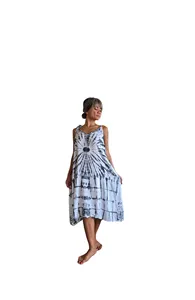 Boho Style Women Midi Dress Rayon Tie Dye Pattern Sleeveless Round Neck Grey Black Resort Wear Dress - Product Image 4