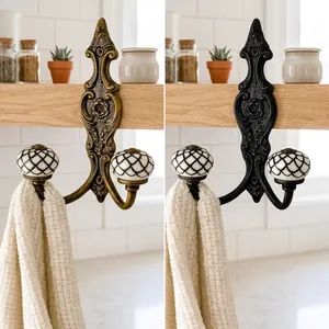Porte-manteau mural multifonctionnel vintage en fonte écologique avec globes en céramique et double crochet pour entrée, salle de bain, chambre - Product Image 6