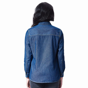 Wholesale Women Denim Shirts Button Flap Pockets Raw Blue Solid Vintage Style Winter/Spring/Summer Casual <b>Tops</b> High Quality - Product Image 3