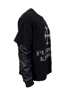 Custom Rhinestone Graphic <b>Black</b> Vintage Distressed Ripped Layered Leather <b>Sleeve</b> Oversized Men <b>T</b> <b>Shirt</b> Streetwear Heavyweight - Product Image 5