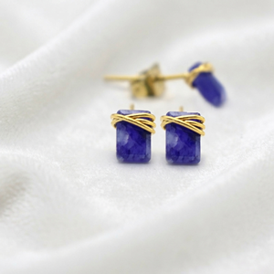 Ratnarachit Handmade Wire Wrapped <b>Blue</b> Sapphire <b>Stud</b> <b>Earrings</b> 14K Gold Plated Brass Baguette Cut Minimalist Women's Gift - Product Image 1