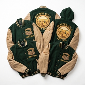 Veste universitaire personnalisée OEM en laine avec manches en cuir, broderie Cloister Builders Arcade, patch colonne capitale, marron - Product Image 3