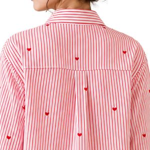 <b>Red</b> White Striped Women Button Down Shirt Long Sleeve Cotton <b>Blouse</b> Heart Embroidery Loose Fit Casual Fashion Oversized Top - Product Image 6