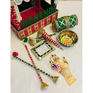 ชุดของตกแต่งเมเฮนดีสีเขียวและชมพูแบบดั้งเดิม งานฝีมือทำมือ ของชำร่วยงานแต่งงานอินเดีย ชุดของตกแต่งงานเฉลิมฉลอง ขายส่ง - Product Image 2