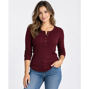 Ladies <b>Henley</b> Long Sleeve T <b>Shirt</b>, Cotton Casual Top, Ribbed Cuff, Button Placket, Slim Fit, Custom Colors and Wholesale Apparel - Product Image 3