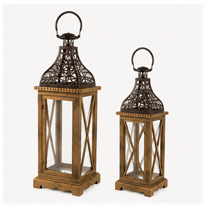 High Quality Rustic Farmhouse Wooden Decorative <b>Lantern</b> Set of 2 <b>Large</b> Vintage Distressed Wood and Filigree Metal Top Low Price - Product Image 2